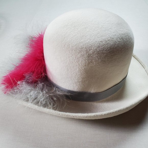 White Cream Vtg Fedora Imported Velour Feather Hat - Picture 3 of 11